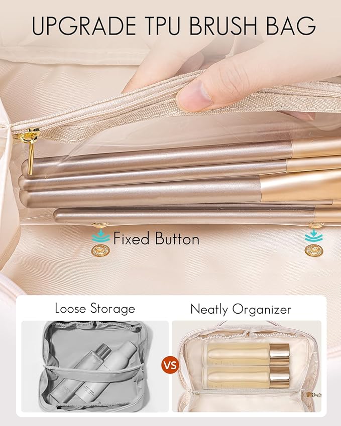 VLANDO Makeup Bag,Travel Toiletry Bag,Cosmetic Bag for Women PU Leather Portable Make up Bag for Skincare, Brushes & Travel Essentials-Off White
