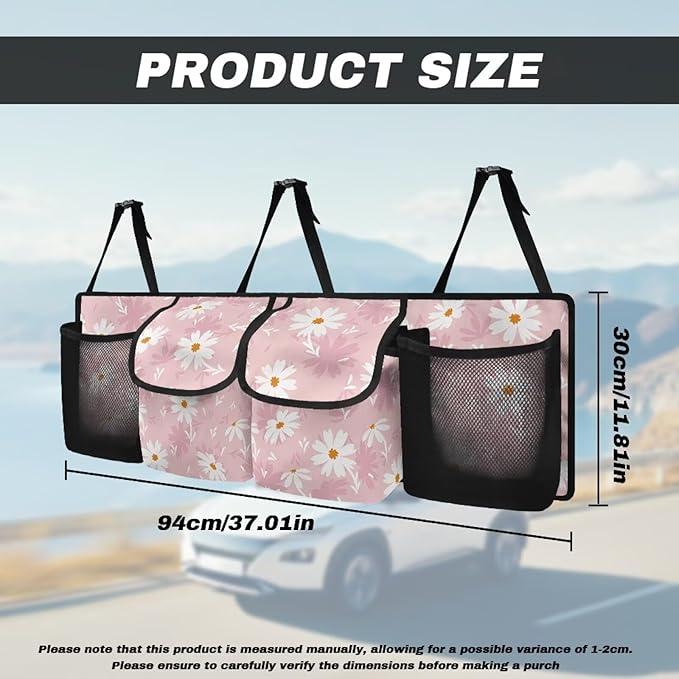 Daisy Printed Trunk Organizer for Car Foldable Trunk Storage Organizer with 4 Pocket & 3 Adjustable Straps Wear-Resistant Oxford Fabric Multipurpose Cargo Bag