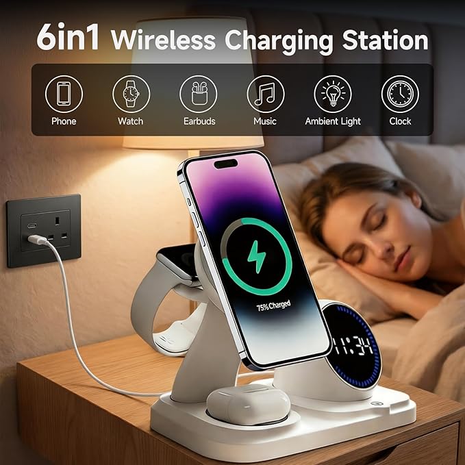 6 in 1 Wireless Charger i-Phone Charging Station: Stand for Multiple Devices for Apples - Compatible i-Phone 17 16 15 14 13 Pro Max Apples Watch Airpods, Design with Wireless Speaker & Clock (White)