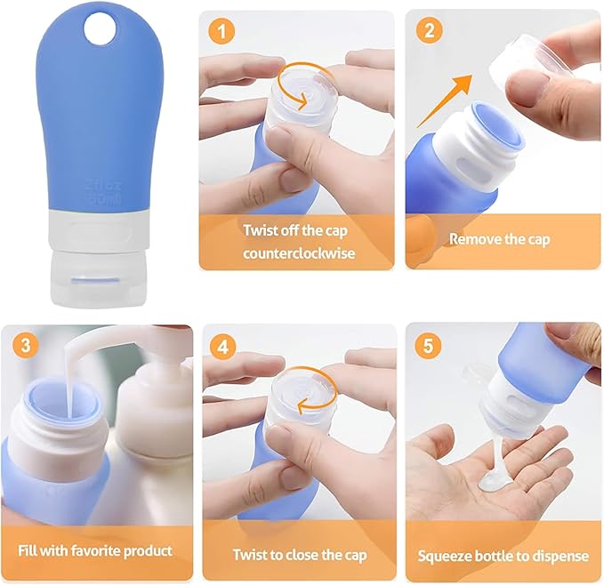 LUEXBOX 4 PACK Portable Travel Bottle Set, Leakproof Silicone Bottles with Stretchable Lanyard, Travel Sized Empty Liquid Bottles Container, Reusable, Squeezable and Refillable (Blue & Green)