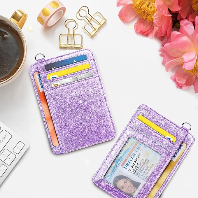 Coco Rossi Slim Front Pocket Wallet RFID ID Card Holder Cute Small Wallet with Keychian for Women,Purple Glitter