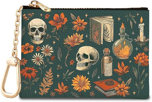 Halloween Goth Skull Keychain Coin Purse for Women, Vintage Gothic Skeleton Flower Book Small PU Leather Change Pouch, Zipper Little Tiny Travel Girls Wallet, Zip Pocket Key Ring Coin Holder