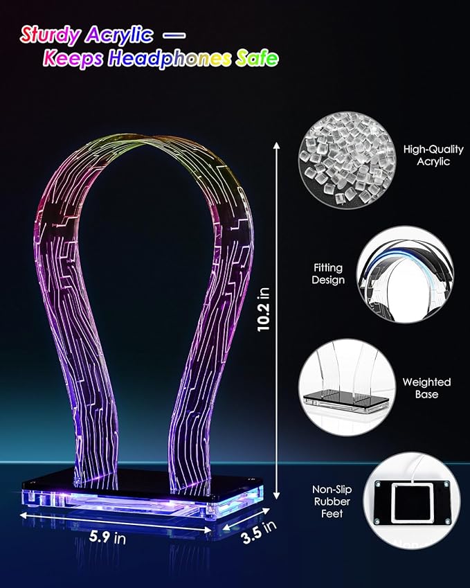 OAPRIRE Acrylic RGB Headphone Stand | Customizable 213 Lighting Modes & 60,000 Colors, Lights Sync with Music Beat, Headset Stand with 4.8ft USB Power Cable & Sturdy Build