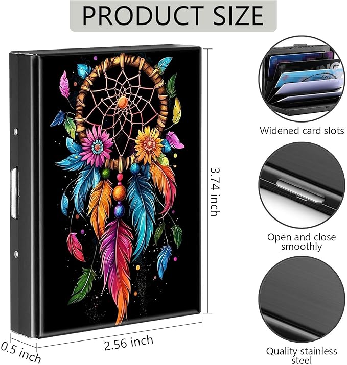 Credit Card Holder, Dream Catcher Design Mini RFID Blocking Aluminum Wallet Slim Metal Hard Case Shell Travel Wallet ID Case Small Credit Cards Case Business Cards for Women Men Girls