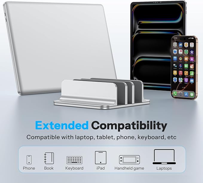 OMOTON Vertical Laptop Stand [Updated 3-Slots Version], Desktop Aluminum Mac Book Stand with Adjustable Dock Size, Fits All Mac Book, Chrome Book and Gaming Laptops (Up to 17.3 inch), Bright Silver