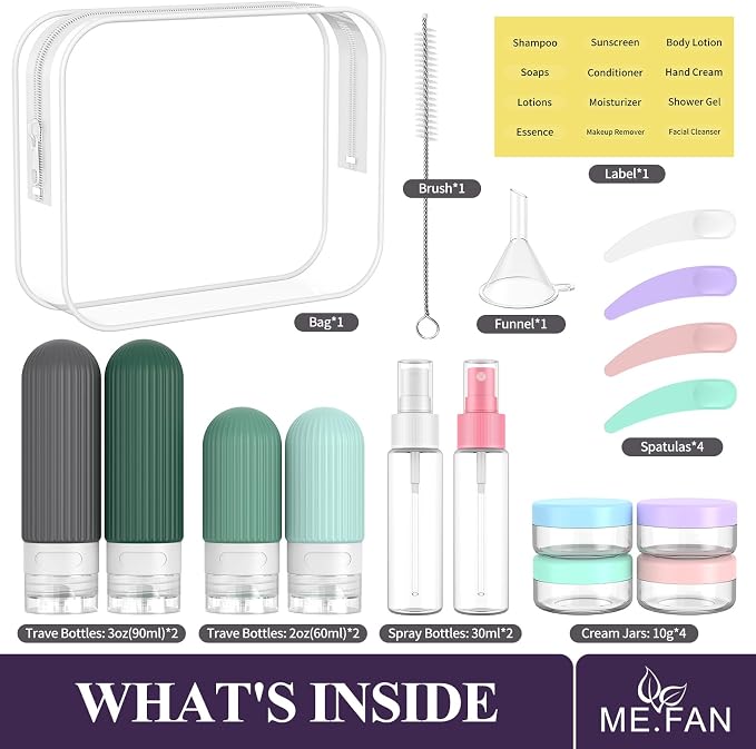 ME.FAN Travel Bottles for Toiletries,18 Pack Silicone Portable Size Bottle, TSA Approved Refillable Cosmetic Container Kits for Conditioner, Shampoo, Lotion,Face Cream - Blue