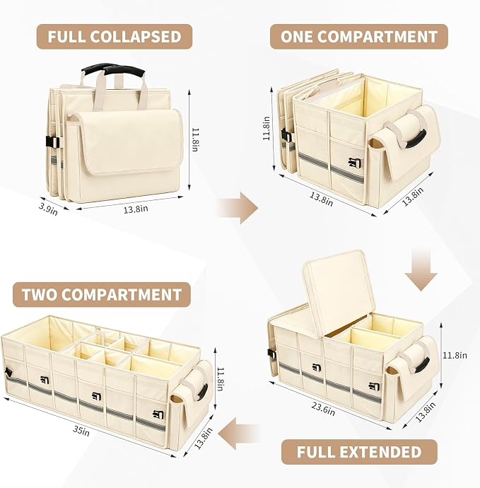 GDNasist Car Trunk Organizer and Storage with Lid & Removable Cooler Bag, Car Accessories 6 Removable Dividers for Custom Space, Collapsible Trunk Organizers Interior for SUV & Sedan, Large