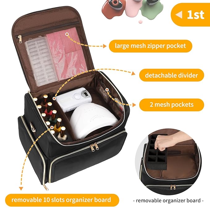 CUBETASTIC Extra Large Nail Polish Organizer Case Holds 86 to 100+ Bottles Nail Polish & Nail Lamp, Nail Supplies Storage Carrying Bag with 2 Removable Pouches