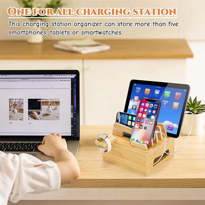 Bamboo Charging Station for Multi Devices, Small Desktop Docking Stand, Cell Phone Docking Station Charger Organizer for Tablets, Smart Watch (No USB Charger No Charging Cables)