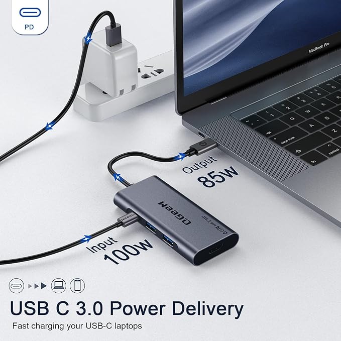 USB C Hub, QGeeM USB 4k to HDMI Adapter, 7 in 1 USB-C Dongle with 100W PD,USB 3.0, Card Reader, Compatible for MacBook iPhone 15/17 Ipad Pro max,Chromebook Laptop USB Type C Dock-Grey