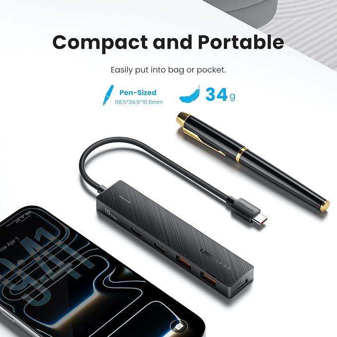 VENTION 10Gbps USB 3.2 Hub, USB Hub with 4 USB 3.2 Ports(USB A*2 Type C*2), PD 100W Chrging USB 3.2 Gen 2 Splitter USB Expander, Black