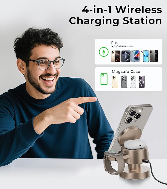 4-in-1 Magnetic Wireless Charging Station for iPhone 17/16/15/14 Pro Max, with Night Lamp and 20W Adapter Wireless Charging Station Fast Charging for Apple Watch, Earphones & Multiple Devices