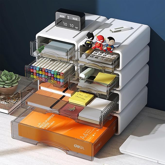 Desk Organizer with Drawers, Stackable Storage Drawers with Compartments Desktop Organization for Office Supplies, Makeup, Pencils, Tape, Erasers, Paperclips, Chargers (4 Pack White)
