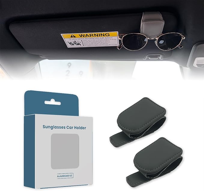 Sunglass Holder for Car Visor Clip Pack 2 - Magnetic Leather Sunglasses Holder- Eyeglass Organizer for Car - Visor Sunglasses Bracket Clip (Gray)