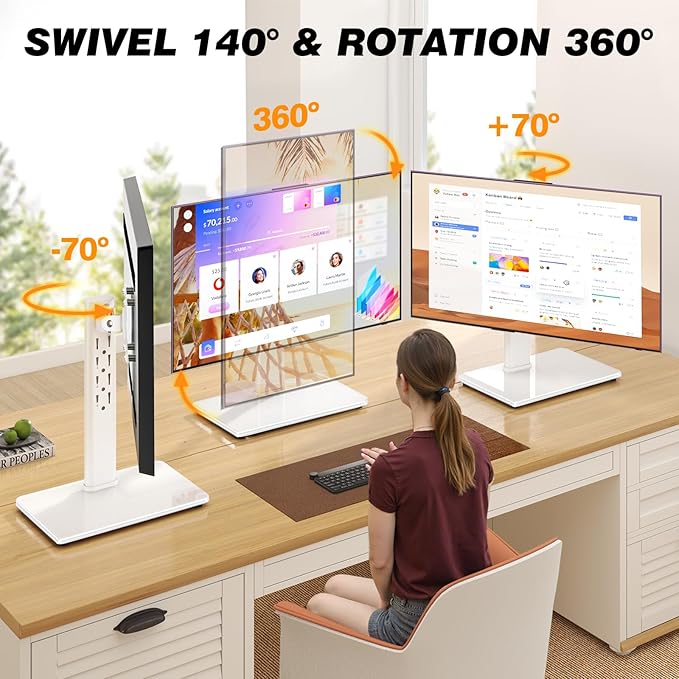 TAVR Furniture Single Monitor Stand VESA Mount for 13-32 Inch Screens, Free-Standing Monitor Riser with Swivel Tilt Rotation Height Adjustable, Universal Desk Stand up to 44lbs, White