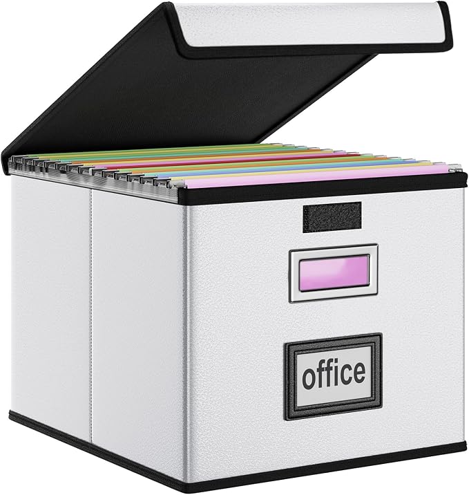 File Organizer Box with Lid, Collapsible Faux Leather Hanging File Folder Box Organizer with Plastic Slides, Decorative Home/Office Filing System Boxes for File and Folders Storage