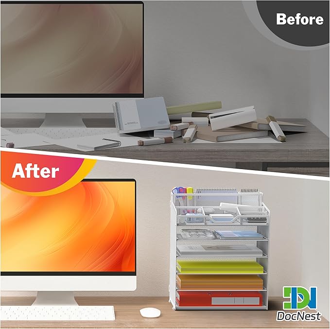 Docnest 6 Tier Mesh Desk Organizer for Paper Office Supplies – Multi-Functional Letter Tray with 5 Adjustable Compartments, 4 Pen Holders, Desktop Storage for Files, Mail, Stationery – White