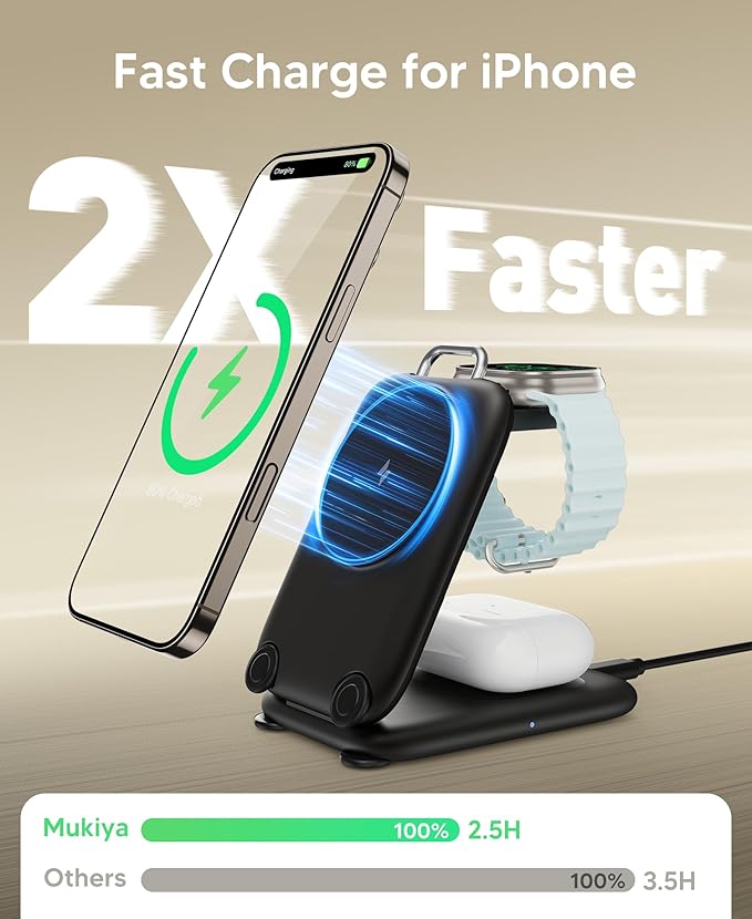 2025 Traveling Fast Wireless Charging Station for Apple Devices, Magnetic 3 in 1 MagSafe Charger Stand for iPhone 17 16 15 14 13 12 Pro Max Plus Air, Apple Watch&Air pods Pro-Sweet Gifts, BK