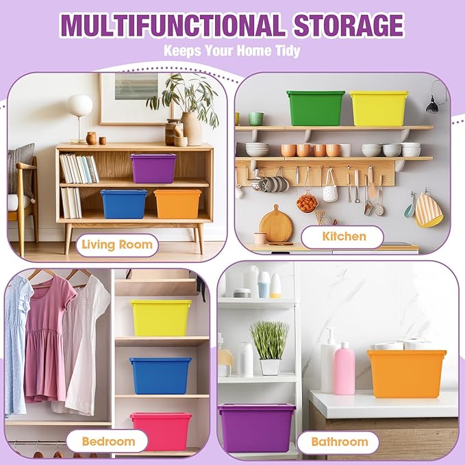Potchen 6 Pack Cute Plastic Storage Bins with Lids Decorative Stackable Storage Boxes 9.8" ×7.3" ×5.7" Small Storing Totes for Organizing Craft Office Supplies (Colorful)