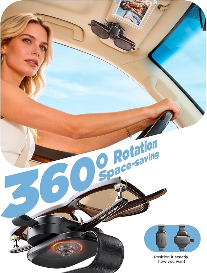 Chfeila 2Pack Sunglass Holder for Car, 360° Rotating & One-Hand Operation Magnetic Glasses Clip, Leather Sun Eyeglass Visor Organizer, Scratch-Free Eyewear Hanger for Car Accessories Gadgets - Black