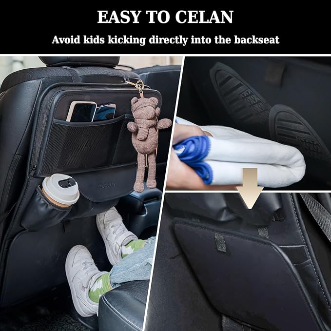 Coverado Backseat Car Organizer, Nappa Leather Car Seat Organizer with Touch Screen Tablet Holder, Foldable Food Tray, Kick Mats Protector, Multi Car Storage Accessories, Garbage Bag Holder-1 Pack
