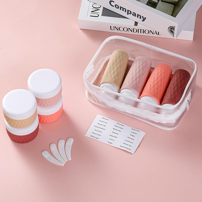 kuangre 8 Pack Travel Bottles for Toiletries - 3 OZ / 90 ML, | Leak Proof Silicone Containers with Clear Bag, Travel Size Toiletries for Lotions, Creams, Foundation, Shampoo, body wash and More |