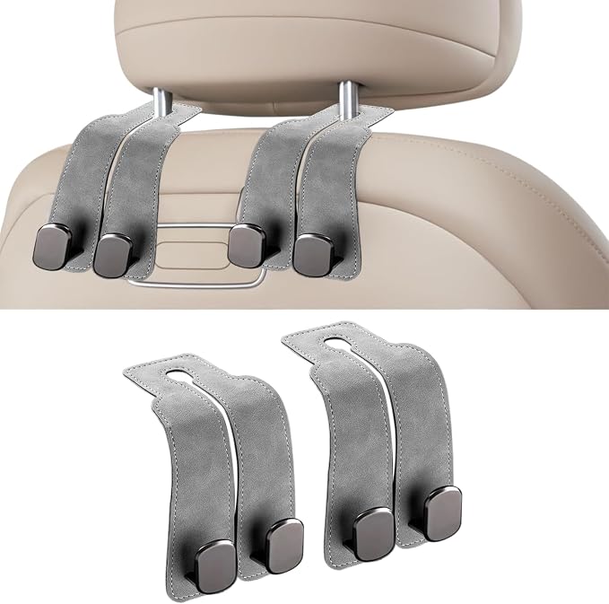 Headrest Hooks - Car Seat Back Double Hook Leather, Purses Hooks (4-Black)