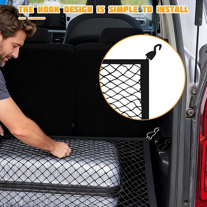 Car Cargo Net, 27.56" × 19.69" Adjustable Elastic Vehicle Trunk Cargo Storage Net with Hooks, Stretchable Mesh Automotive Trunk Organizers, Universal for SUV Motorhome Pickup
