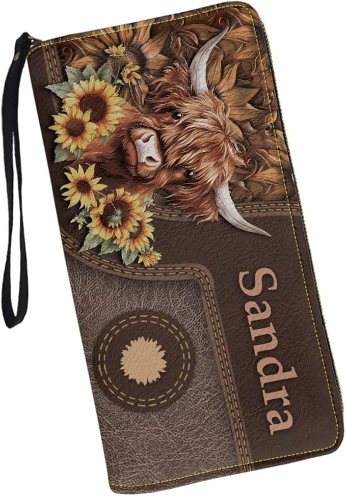 Bulopur Womens Wallet Wristlet Custom Name Sunflower Highland Cow Print Slim Purse Wallet Small Wallets For Women Coin Purse Id Card Holder Clutch RFID Long Wallets With Slots Zipper Around