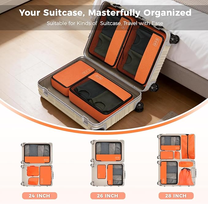 8-Piece Compression Packing Cubes for Travel, Bright & Lightweight Luggage Organizer System for Outdoor Travel & Adventure, Space Save for Backpack, Duffel Bag & Suitcase- Orange
