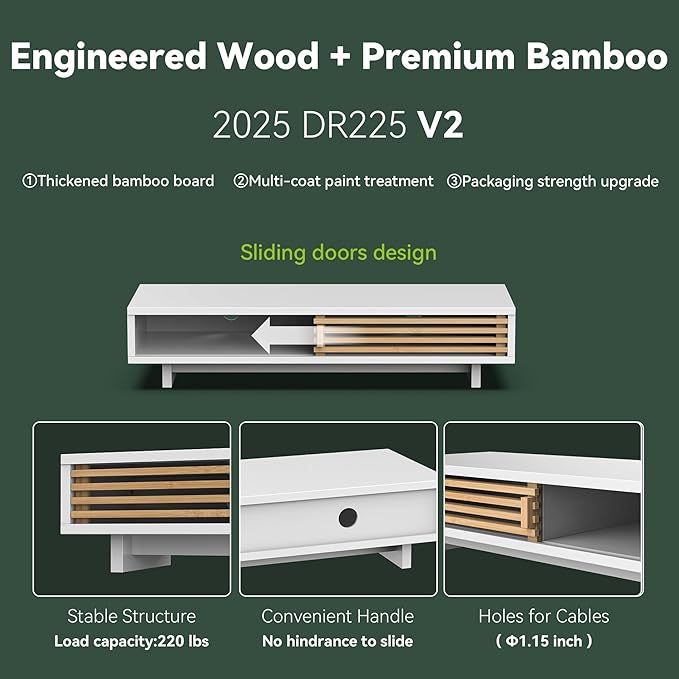 Monitor Stand with Sliding Bamboo Doors, 25 Inch Heavy Duty Wood Computer Monitor Riser, Ergonomic Desk Organizer with Storage & Keyboard Tray, Natural & white