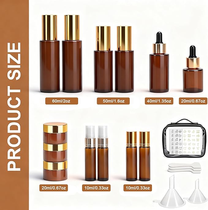 26 Pack TSA Approved Glass Travel Skincare Containers, 2/1.7/1.35/0.7/0.5/0.3oz Refillable Traveling Size Containers with Pump, Jars & Essential Oil Bottle, Leak-Proof for Creams & Liquids