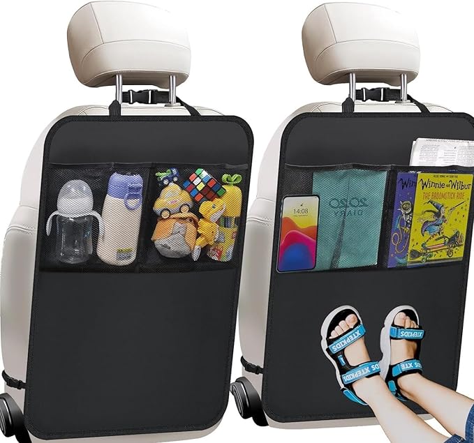 Car Seat Back Protector with Mesh Storage Pockets, Water-Resistant Kick Mat Seat Back Organizer for Kids, Easy Clean, Universal Fit for SUV/Truck, Set of 2, Black (With mesh *2)