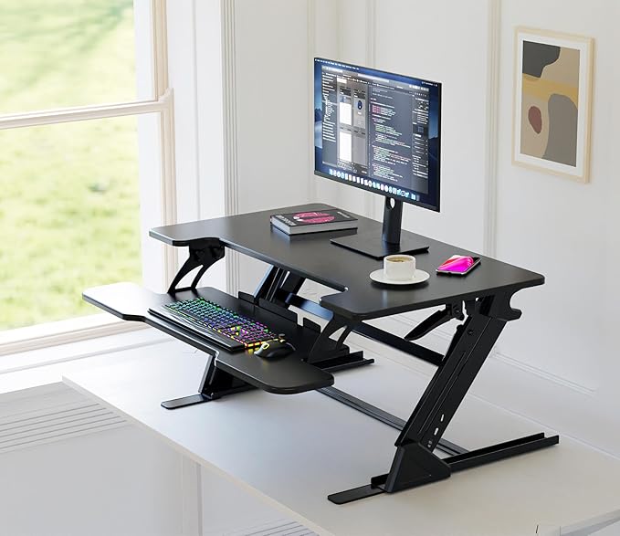 Standing Desk Converter 36 x 24 Inches - Height Adjustable Sit to Stand Riser with Keyboard Tray, Ergonomic Workstation for Home Office, Black