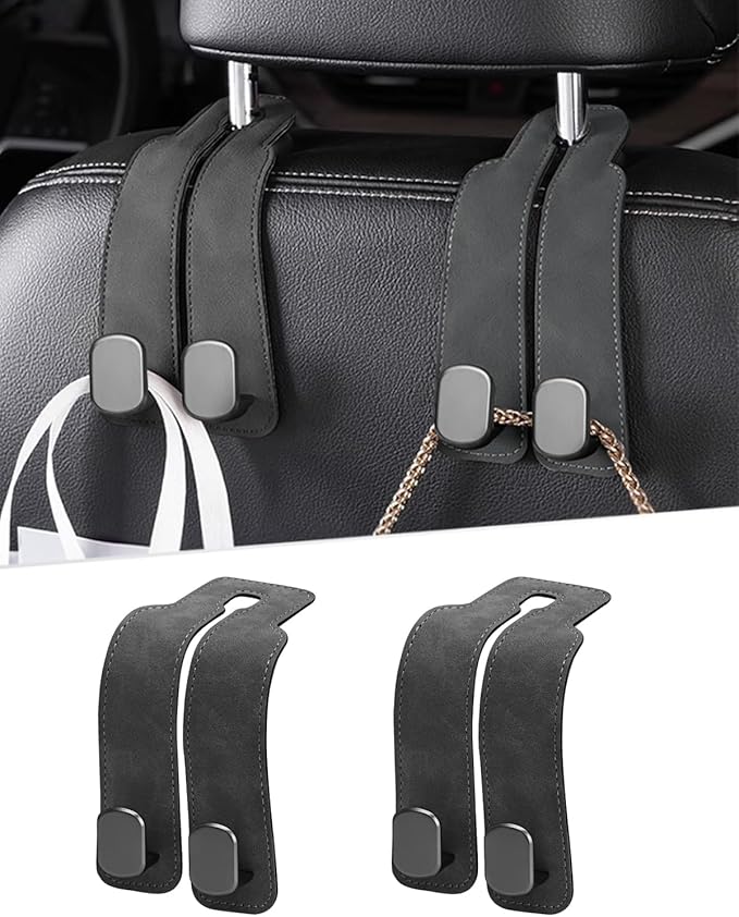 2 Pcs Car Hooks for Headrest, Adjustable Vehicle Seat Back Car Organizers and Storage Accessories, Universal Fit Double Metal Leather Purse Holder for Car (Grey)