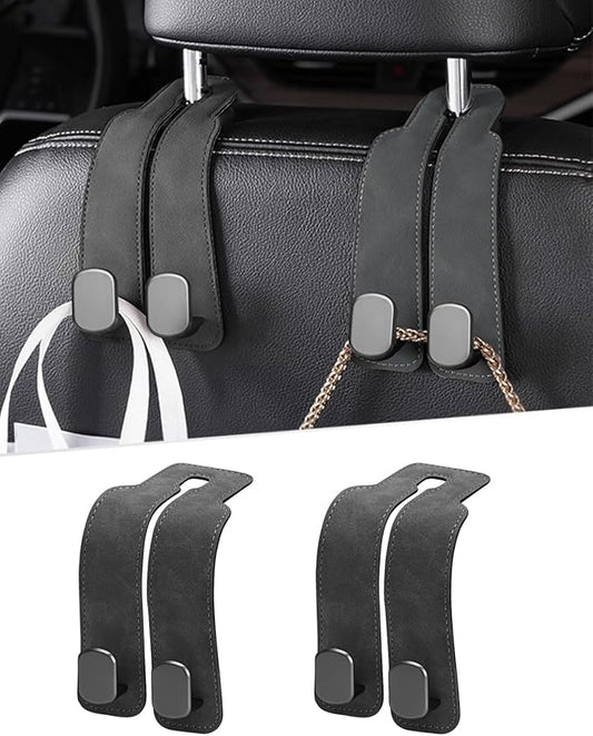 2 Pcs Car Hooks for Headrest, Adjustable Vehicle Seat Back Car Organizers and Storage Accessories, Universal Fit Double Metal Leather Purse Holder for Car (Grey)