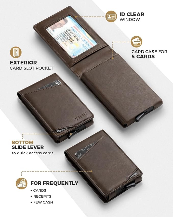 VULKIT Pop Up Wallet for Men, Credit Card Holder Minimalist Slim Bifold Wallets RFID Blocking with Gift Box Espresso