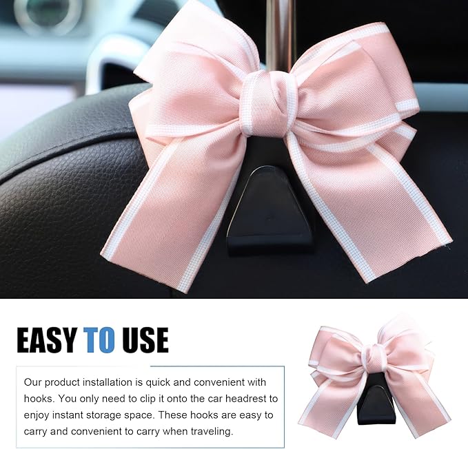 2 PCS Car Seat Headrest Hooks, Cute Bow Hooks Decor, High-Load Hanger for Purses Umbrellas, Car Interior Decoration Accessories for Women, Girls (Pink)