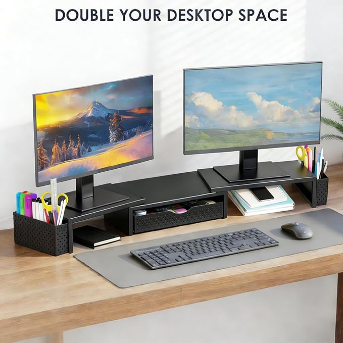 Spacrea Metal Desk Organizers and Accessories, Dual Monitor Stand Riser with Drawer and 2 Pen Holders, Desk Accessories & Workspace Desktop Organizers for Office Supplies (Black)