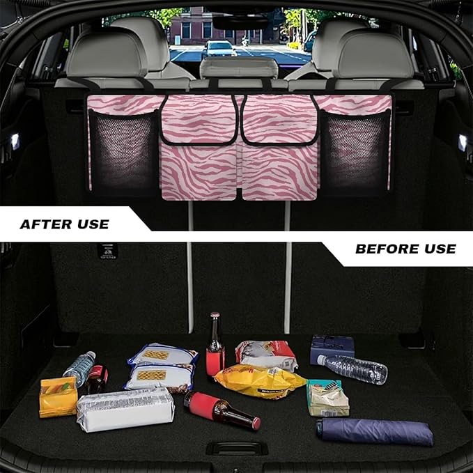 Pink Zebra Stripes Trunk Organizer Car Women Hanging Collapsible Cargo Bag with 4 Storage Bags,Car Accessories