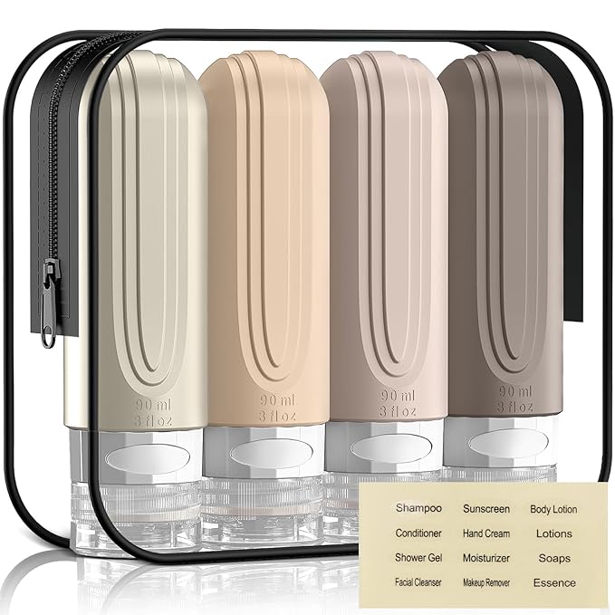 Travel Bottles for Toiletries, 3oz TSA Approved Travel Size Toiletries, Silicone Leak-Proof Refillable Containers, Squeezable Liquid Essentials Bottles W/Clear Bag (CREAM)