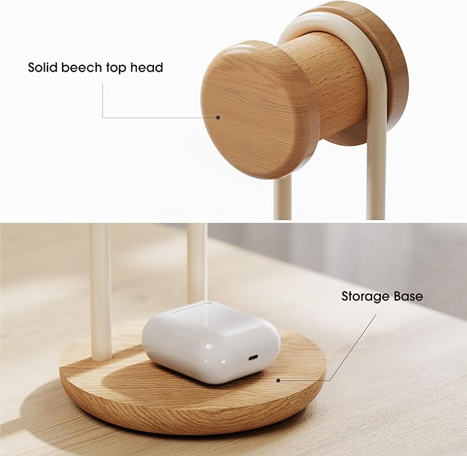 Fenge Headphone Stand for Desk, Nature Wood & Metal Headphone Holder with Storage Base, Desktop Headset Stand for Gaming Universal Headphones, Oak