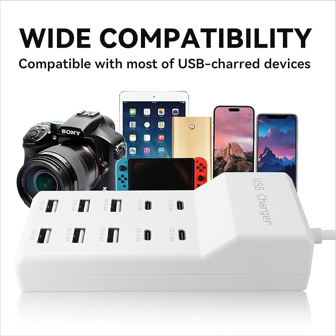 USB Charging Station with 6 USB-A and 4 USB-C Ports, 50W 10A USB Charger Block for Smart Phone, Tablet, Laptop, Multiple Devices - USB Power Strip with Auto-Detect Technology