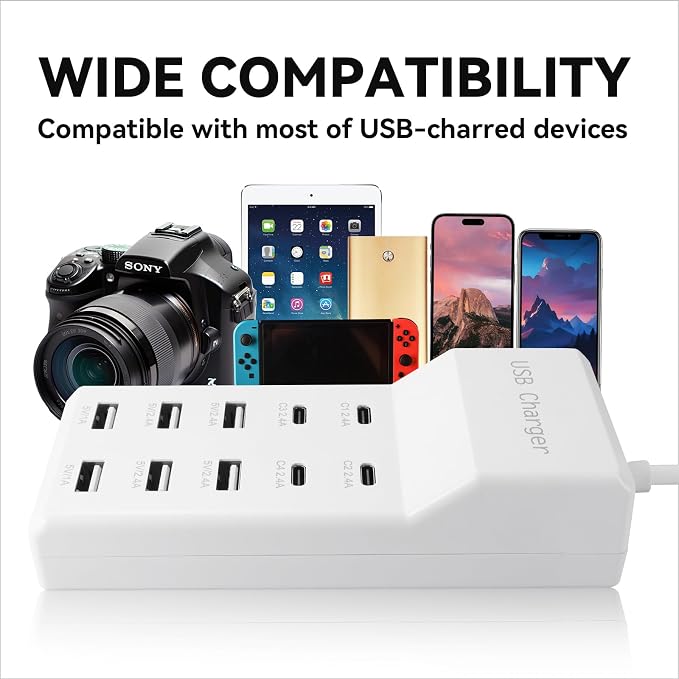 USB Charging Station with 6 USB-A & 4 USB-C Ports, 50W 10A USB Charger Block for Multiple Devices -USB Power Strip with Auto-Detect Technology (2 PCS)