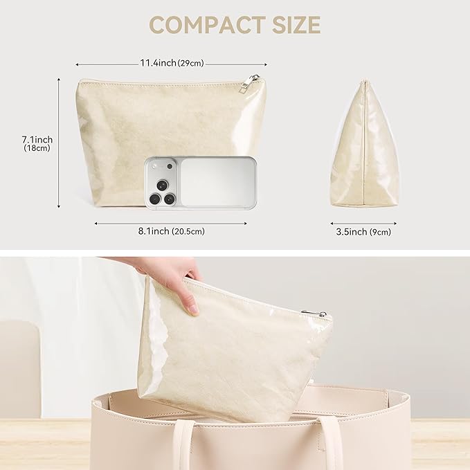 WLLWOO PVC Waterproof Makeup Bag Kraft Paper Cosmetic Bag Travel Toiletry Zipper Pouch Organizer for Women Purse