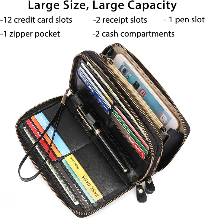 SENDEFN Leather Women Wallet RFID Blocking Zipper Around Phone Holder Clutch Wristlet Large Capacity