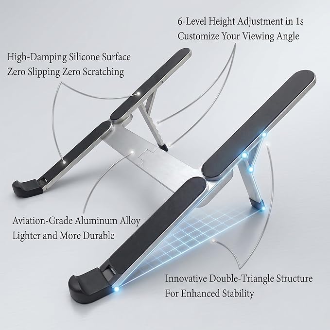 Foldable Laptop Stand, Portable Laptop Stand, Ultra-Lightweight (Lighter Than a Phone)，Adjustable Computer Stand, 6-Level Height, Fits 10-16" Laptops, for Home Office Business Trip Remote Work