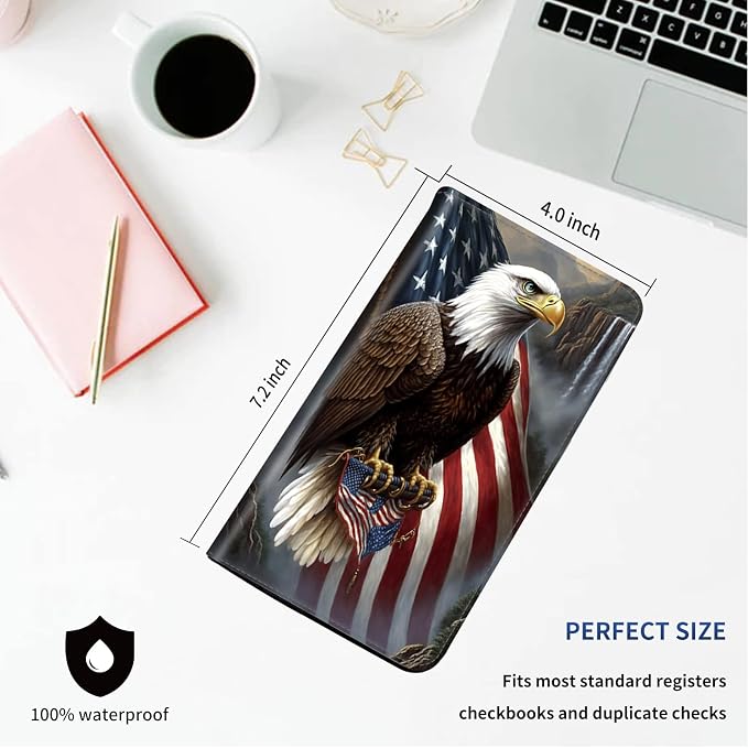 DEGDFSGR Checkbook Cover PU Leather Checkbook Covers for Women for Duplicate Checks, Check Book Covers with RFID Blocking Function for Personal Checkbook, Eagle and US Flag