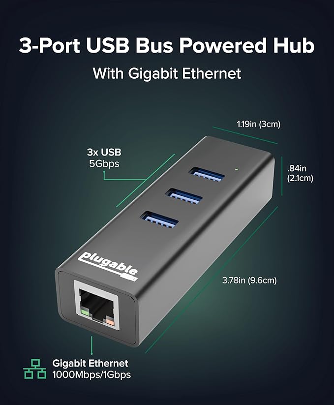 Plugable 3-Port USB 3.0 Hub with Gigabit Ethernet | Compatible with Windows, macOS, Linux, and ChromeOS | Portable USB-C/USB-A Bus-Powered RJ45 GbE LAN Adapter for Laptops, MacBooks, Chromebooks