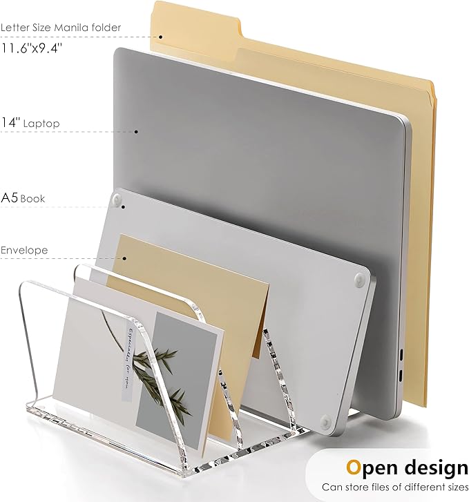 SANRUI Acrylic Mail Sorter Desktop Organizer, 4 Compartments Clear Small File Script Letter Document Storage for Desk Bill Filling Envelope Holder Office, Home, School Organization